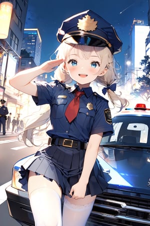 //quality, (masterpiece:1.3), (detailed), ((,best quality,)),//1girl,(loli:1.4),child,//,blonde_hair,sidelocks,(hair_bows:1.2),(low twintails:1.4),detailed eyes, blue eyes,//,(Text "FBI" uniform :1.4),(darkblue police_uniform:1.4),short_sleeves,(darkblue police_cap,darkblue miniskirt),((FBI badges,)),red tie,(white_stockings:1.2),//,(smile,blush),upper_teeth,//,(saluting:1.4),standing,//,straight-on,(police_car:1.4),scenery,night,city road