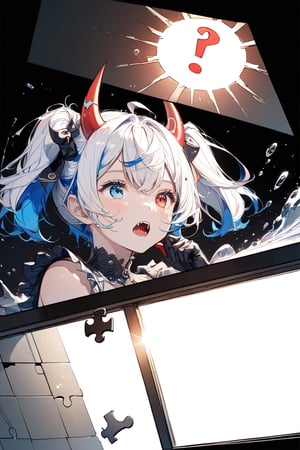 //quality, (masterpiece:1.4), (detailed), ((,best quality,)),//,1girl,solo,loli,//,(short twintails:1.4),(white hair:1.2),(blue hair:1.1),(colored inner hair:1.3),ahoge,(demon horn:1.3),hair_accessories,beautiful detailed eyes,glowing eyes,(blue eyes:1.4),(red eyes:1.1),(heterochromia:1.4),//,fashion,white crop top,(gloves:1.2),stockings,//,blush,confused,fangs,looking back,,//,(puzzle:1.3),standing,from side,((((,comic of light,comic with speech_bubble,exclamation_mark,?,!?,!?!,interrobang)))),//,//(,indoor,simple_background,black_background:1.4),broken_glass,(cinematic lighting:1.2),(,split screen of the black_background:1.4), background light,blurry background