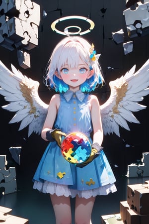 [Angel ଘ( ˊᵕˋ )ଓ TensorArt:0.00]//quality, (masterpiece:1.4), (detailed), ((,best quality,)),//,1girl,solo,loli, (angel:1.4),//,(short hair:1.4),(white hair:1.3),(blue hair:1.2),(colored inner hair:1.4),ahoge,(halo:1.4),hair_accessories,blue eyes,beautiful detailed eyes,glowing eyes,(angel_wings:1.4),//,lolita,(blue_dress: 1.4),armpits, (gloves:1.4),//, smile ,cute_fangs, looking at viewer,facing_viewer,(straight-on:1.3),cowboy_shot,//,standing,(holding glowing orb:1.4),(,indoor,puzzle,brpken_glass,broken_wall,broken_background,simple_background,black_background:1.4),broken_glass,(,back light,cinematic lighting:1.2), background light,blurry background,shards,glass, first-person_view 