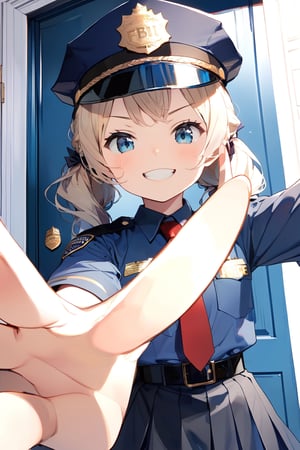 //quality, (masterpiece:1.3), (detailed), ((,best quality,)),//1girl,(loli:1.4),child,//,blonde_hair,sidelocks,(twin drills:1.4),detailed eyes, blue eyes,//,(Text "FBI" uniform :1.4),(police_uniform:1.4),police_cap,((FBI badges,)), white stockings,//,(smirk:1.2),blush,:3, facing_viewer,//,outstretched arm,((hand_raised,v,)),//, straight-on,(against_door,blue closed door: 1.4),