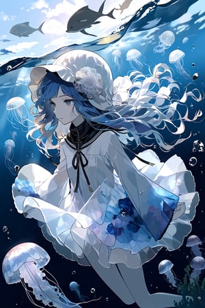 //quality, (masterpiece:1.331), (detailed), ((,best quality,)),//,illustration,//,1girl,jellyfish girl,//,(deepskyblue hair:1.331),(,long hair:1.21),hair_style,wavy_hair,sidelocks,(white jellyfish hood,:1.331),hood_up,see_through,long sleeves,medium breasts,pale skin,beautiful detailed eyes, blue eyes,eye_glow,//,expressionless,//,floating,floating in the sea,//,(underwater:1.331),kelp forest,jellyfish,white tentacles,//,dal,aesthetic,tentacles
