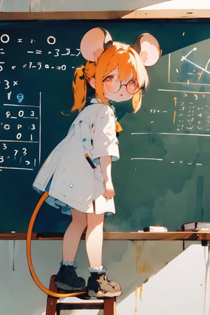 //quality, (masterpiece:1.331), (detailed), ((,best quality,)),//,(1girl),solo,(loli:1.3),
,//,(mouse_ears:1.3),mouse_tail,(orange_hair:1.3),hairstyle, ((long ponytail)),sidelocks, (light orange eyes), detailed eyes,flat_chest,//,hair_accessories,accessories,(round glasses:1.2),scientist,white lab coat,//,,open_mouth,//,ladder:,(climbing on ladder:1.4), speaking_to_viewer,//indoor, desk, (classroom:1.1), large blackboard with maths formula,aesthetic,watercolor \(medium\),((from_side)),full_body