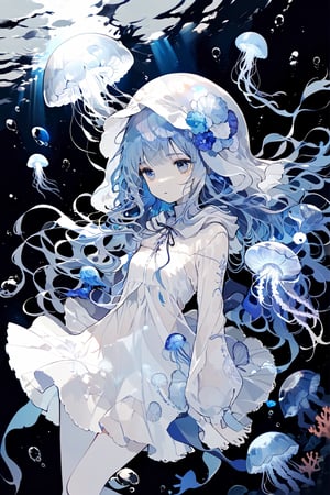 //quality, (masterpiece:1.331), (detailed), ((,best quality,)),//,illustration,//,1girl,jellyfish girl,//,(deepskyblue hair:1.331),(,long hair:1.21),hair_style,wavy_hair,sidelocks,(white jellyfish hood,:1.331),hood_up,see_through,long sleeves,medium breasts,pale skin,beautiful detailed eyes, blue eyes,eye_glow,//,expressionless,//,floating,floating in the sea,//,(underwater:1.331),kelp,coral,jellyfish,white tentacles,//,dal,aesthetic,more detail XL