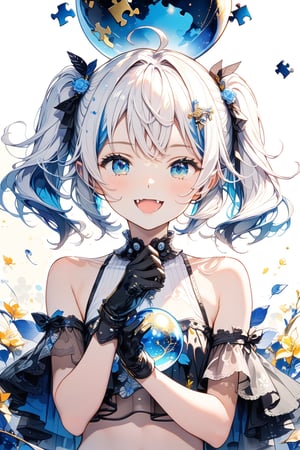 //quality, (masterpiece:1.4), (detailed),((,best quality,)),//,1girl,solo,loli,//,(short twintails:1.4),(white hair:1.2),(blue hair:1.1),(colored inner hair:1.3),ahoge,hair_accessories,(blue_eyes:1.4),beautiful detailed eyes,glowing eyes,navel, armpits,//,fashion,white crop top with logos,(black gloves:1.4),//,(, smiling,blush:1.1),happy_face,(cute_fang:1.3),looking_at_viewer,facing_viewer,//,(hands holding a growing orb:1.4),//(close_up portrait),Ink art,(,red ink and blue ink background,),(puzzle:1.4), (straight-on:1.4)