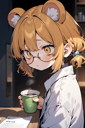 //quality, (masterpiece), (detailed), ((,best quality,)),//1girl,mouse_ears,scientist,((loli)), orange_hair,hairstyle, short twintails,sidelocks, light orange eyes, detailed eyes,eye_half_opened,(((bags_under_eyes, slanted eyes, dark_circles eyes, eyebags,))), (round glasses),lab coat,hair_accessories,accessories,flat_chest, sitting,(sleepy),drinking_cup, drinking,coffee,laboratory, paper,cowboy_shot,viewed_from_side,from_side,/,aesthetic,cute,more detail XL,cute comic