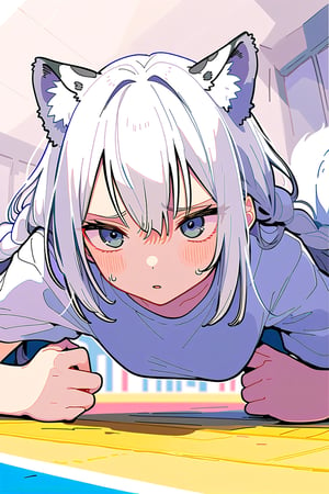 //quality, (masterpiece), (detailed), ((,best quality,)),//1girl,(((,snowleopard girl,snowleapoard tail,snowleapoard ears,))),hairstyle, (white hair),  braid,sidelocks, lightblue eyes, beautiful detailed eyes,big eyes, (, medium breasts,), ,hair_accessories,
 accessories,((,blush,emotionless,expressionless,closed_mouth,)) ,(( , volleyball uniforms,buruma,bloomers,)), sweat,wet clothes,((indoors, school sports gym, ground)), low_angle,from_below,view_from_below, (straight-on, wide shot),(((, jack-o' challenge,top down bottom up,
))),/,aesthetic,cute,,dal,cute comic