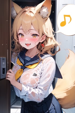 /quality, (masterpiece:1.4), (detailed), ((,best quality,)),//,(1girl),(solo:1.2),//,(yellow dog_ears :1.3), animal ear fluff,(yellow dog tail:1.3),hairstyle, (yellow hair:1.3),long_hair,wavy_hair,bangs,(yellow_eyes),detailed eyes,(large_chests:1.4),//,hair_ornaments,ornaments,sailor collar,blue school_uniform,(white shirt:1.2),darkblue short skirt,(wet:1.4),wet_hair,(wet_clothes,wet_hair),white thighhgihs,//,(naughty_face:1.2),blush,smile,mouth_open,drooling,//,(peeking behind locker:1.4),((,cell phone,holding cell phone:1.4)),(,spoken music note symbols:1.3),//,(indoor:1.2),(locker_room),white floor,reflective floor,(,close_up:1.3),peeking out upper body