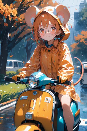 //quality, (masterpiece:1.331), (detailed), ((,best quality,)),//,(1girl),solo,(loli),cute,,//,(mouse_ears:1.3),mouse_tail,(orange_hair:1.3),hairstyle,((short ponytail)),sidelocks, (orange_eyes), detailed eyes,//,hair_accessories,accessories,(round glasses:1.3),(hood_up:1.2),(raincoat:1.4),gloves,wet,//,blush,(closed_mouth,smile:1.2),//,(riding on orange_scooter:1.4), //outdoor,(heavy raining:1.3),cloudy,road,scenery,(flowers:1.4),trees,leaf,plant,(,cowboy_shot:1.4),depth of field,