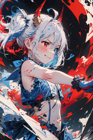 //quality, (masterpiece:1.4), (detailed), ((,best quality,)),//1girl,solo,loli,//,(short twintails:1.4),(white hair:1.2),(blue hair:1.1),(colored inner hair:1.3),ahoge,(demon horn:1.3),hair_accessories,beautiful detailed eyes,glowing eyes,(blue eyes:1.4),(red eyes:1.1),(heterochromia:1.4),armpits,navel,//,fashion,blue croptop,(gloves:1.2), stocking,//,(, angry:1.2),blush,(smirk:1.3),(,frowning,fangs:1.2),//,battle stance,//,(motion_lines,motion_blur:1.3),(,black_background:1.4),ink art,(red ink and blue ink surrounding the girl:1.4),ink background,broken_glass, shards,flying puzzle, (profile:1.4),ink