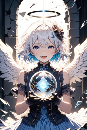 [Angel ଘ( ˊᵕˋ )ଓ TensorArt:0.00]//quality, (masterpiece:1.4), (detailed), ((,best quality,)),//,1girl,solo,loli, (angel:1.4),//,(short hair:1.4),(white hair:1.3),(blue hair:1.2),(colored inner hair:1.4),ahoge,(halo:1.4),hair_accessories,blue eyes,beautiful detailed eyes,glowing eyes,(detailed_angel_wings:1.4),//,lolita,(blue_dress: 1.4),armpits, (gloves:1.4),//, smile ,cute_fangs, looking at viewer,facing_viewer,(straight-on:1.3),//,standing,(holding glowing orb:1.4),(,puzzle,broken_glass,hole, broken_wall:1.3),(,backlighting:1.4),(cinematic lighting:1.2),light,shards,glass,cowboy_shot,close_up portrait 