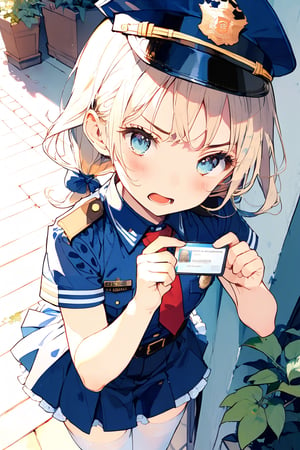 //quality, (masterpiece:1.3), (detailed), ((,best quality,)),//1girl,(loli:1.4),child,//,blonde_hair,sidelocks,(hair_bows:1.2),(low twintails:1.4),detailed eyes, blue eyes,//,(Text "FBI" uniform :1.4),(darkblue police_uniform:1.4),short_sleeves,darkblue police_cap,darkblue miniskirt,((FBI badges,)),red tie,(white_stockings:1.2),//,(serious,angry),mouth_open,(blush), looking_above,//,(hand holding ID_card:1.4),//,(from_above:1.4),(outdoors ground),Porch Front,plants,leaf,blurry_background,emo