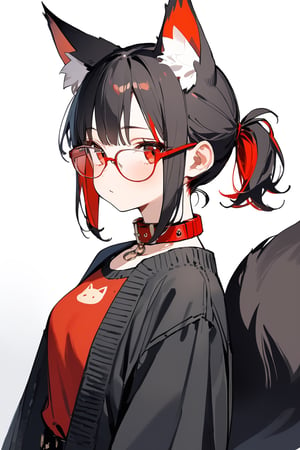 //quality, (masterpiece:1.4), (detailed), ((,best quality,)),//,1girl,solo,Tekeli,black fox ears,animal ear fluff,black fox tail,black hair,red inner hair,short ponytail,sidelocks,red eyes,red_glasses,fashion,cat_collar,blush,looking_at_viewer,from_side