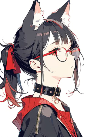 //quality, (masterpiece:1.4), (detailed), ((,best quality,)),//,1girl,solo,Tekeli,black fox ears,animal ear fluff,black fox tail,black hair,red inner hair,short ponytail,sidelocks,red eyes,red_glasses,fashion,cat_collar,blush,looking_at_viewer,from_side