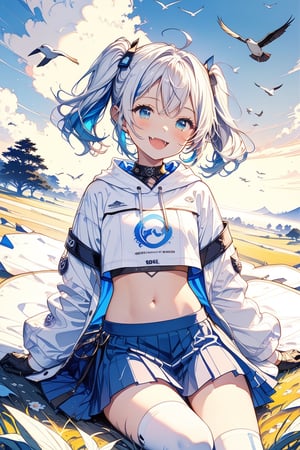 //quality, (masterpiece:1.4), (detailed), ((,best quality,)),//,1girl,solo,loli,//,(short twintails:1.3),(white hair:1.2),(blue hair:1.1),(colored inner hair:1.3),ahoge,hair_accessories,(blue_eyes:1.4),beautiful detailed eyes,glowing eyes,//(,fashion, white coat,white crop top with logos,blue skirt,), thighhigh,navel,gloves,//,(,smiling,blush:1.1),happy_face,(cute_fang:1.3),lying on back,on grass,(wide_shot:1.4),mid_shot,Ink art,(daybreak:1.4),(flying birds:1.4),Ink art,scenery,horizon