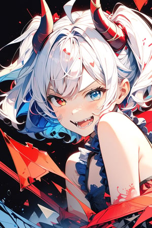 //quality, (masterpiece:1.4), (detailed), ((,best quality,)),//1girl,solo,loli,//,(short twintails:1.4),(white hair:1.2),(blue hair:1.1),(colored inner hair:1.3),ahoge,(demon horn:1.3),hair_accessories,beautiful detailed eyes,glowing eyes,(blue eyes:1.4),(red eyes:1.1),(heterochromia:1.4),armpits,navel,//,fashion,blue croptop,(gloves:1.2), stocking,//,(, angry:1.2),blush,(smirk:1.3),(,frowning,fangs:1.2),//,battle stance,//,(motion_lines,motion_blur:1.3),(,black_background:1.4),ink art,(red ink and blue ink surrounding the girl:1.4),ink background,broken_glass, shards,flying puzzle, (profile:1.4)