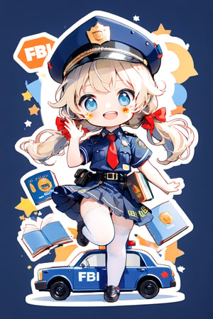 //quality, (masterpiece:1.3), (detailed), ((,best quality,)),//1girl,(loli:1.4),child,(chibi:1.4),//,blonde_hair,sidelocks,(hair_bows:1.2),(low twintails:1.4),detailed eyes, blue eyes,//,(darkblue police_uniform:1.4),short_sleeves,(darkblue police_cap,darkblue miniskirt),red tie,(white_stockings:1.2),//,(smile,blush),upper_teeth,//,(saluting:1.4),//,straight-on, Heart \(Symbol\), Star \(Symbol\), (colorful background:1.2), Art Tint, ((Sticker:1.4)),artint, frutiger style,chibi emote style,chibi,police_car,Emote Chibi,BREAK, ((((book title with Text "FBI OPEN UP",Text))))