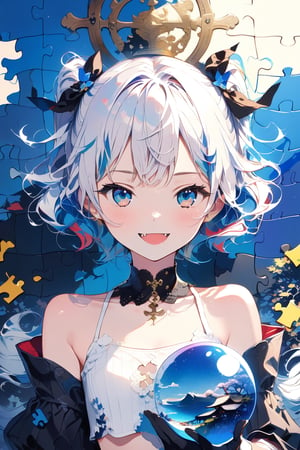 //quality, (masterpiece:1.4), (detailed),((,best quality,)),//,1girl,solo,loli,//,(short twintails:1.4),(white hair:1.2),(blue hair:1.1),(colored inner hair:1.3),ahoge,hair_accessories,(blue_eyes:1.4),beautiful detailed eyes,glowing eyes,navel, armpits,midriff,//,fashion,white crop top with logos,(black gloves:1.4),//,(, smiling,blush:1.1),happy_face,(cute_fang:1.3),looking_at_viewer,facing_viewer,//,(,blue growing orb,holding a blue growing orb:1.4),//(close_up portrait),Ink art,(,red ink and blue ink background,),(puzzle,puzzlu wall:1.4), (straight-on:1.4), colorful ink background, ink brushes in background, attractive aesthetics, modern art,scenery