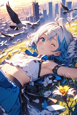 //quality, (masterpiece:1.4), (detailed), ((,best quality,)),//,1girl,solo,loli,//,(short twintails:1.3),(white hair:1.3),(blue hair:1.1),(colored inner hair:1.4),ahoge,hair_accessories,(,blue eye,one_eye_closed:1.4),//(,fashion,white croptop,blue skirt,),armpits,navel,thighhigh,(gloves),//,(,blush:1.1), closed_mouth,(looking_away),//,(lying on back:1.4),(lying on grass:1.4),flowers,(sun,daybreak:1.4),(flying birds:1.4),scenery, cityscape,close_up,from_above,aerial_view