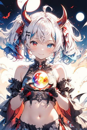 //quality, (masterpiece:1.4), (detailed), ((,best quality,)),//,1girl,solo,loli,//,(short twintails:1.4),(white hair:1.2),(blue hair:1.1),(colored inner hair:1.3),ahoge,(demon horn:1.3),hair_accessories,beautiful detailed eyes,glowing eyes,(blue eyes:1.3),(red eyes:1.2),(heterochromia:1.4),navel,//,fashion,sleeveless,blue crop top,(black gloves:1.2),stockings,//,(blush:1.2),:),light smile,closed_mouth,//,(((,hands holding a glowing orb:1.4))),//,//,straight-on,magic,(sparkling_background:1.4),backlight,(colorful puzzle,puzzle background:1.3),Blue Backlight,Ink art,colorful ink background