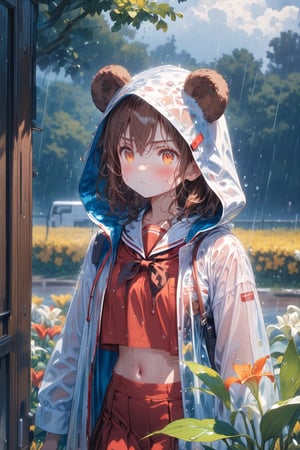 //quality, (masterpiece:1.4), (detailed), ((,best quality,)),//,extremely detailed CG,//, 1girl,solo,cute,/,(brown bear ears:1.4),(hairstyle,brown hair),short hair, bangs,orange eyes,glowing eyes,beautiful detailed eyes,flat_chest,(covered_navel:1.2)//,(red_school_uniform:1.3),white shirt,(hood_up:1.4),(,white transparent raincoat:1.4),schoolbag,wet,//,blush,serious,:<,pout:1.3,//,walking,//,(heavy raining:1.3),cloudy,road,scenery,lily_(flower),(flowers:1.4),fence,trees,leaf,plant,cowboy_shot,close_up,,reflection