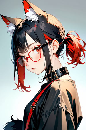//quality, (masterpiece:1.4), (detailed), ((,best quality,)),//,1girl,solo,Tekeli,black fox ears,animal ear fluff,black fox tail,black hair,red inner hair,short ponytail,sidelocks,red eyes,red_glasses,fashion,cat_collar,blush,looking_at_viewer,from_side,