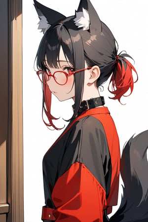 //quality, (masterpiece:1.4), (detailed), ((,best quality,)),//,1girl,solo,Tekeli,black fox ears,animal ear fluff,black fox tail,black hair,red inner hair,short ponytail,sidelocks,red eyes,red_glasses,fashion,cat_collar,blush,looking_at_viewer,from_side,