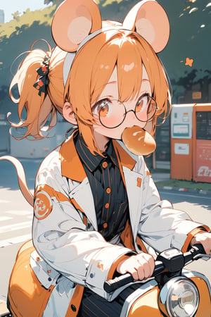 //quality, (masterpiece:1.331), (detailed), ((,best quality,)),//,(1girl),solo,(loli),cute,,//,(mouse_ears:1.3),mouse_tail,(orange_hair:1.3),hairstyle, ((long ponytail)),sidelocks, (orange_eyes), detailed eyes,flat_chest,//,hair_accessories,accessories,(round glasses:1.3),scientist,white lab coat,//,sleepy,//, riding on a scooter, (bread in mouth:1.3), //outdoor,aesthetic,