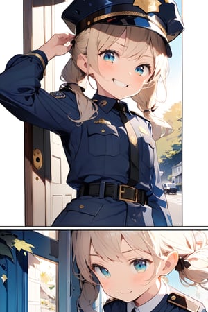 //quality, (masterpiece:1.3), (detailed), ((,best quality,)),//1girl,(loli:1.4),child,//,blonde_hair,sidelocks,(twin drills:1.4),detailed eyes,colorful eyes,//,(Text "FBI" uniform :1.4),(police_uniform:1.4),police_cap,((FBI badges,)),//,(smirk:1.2),blush,:3,//,(comic,multiple_views of hand on door:1.4),//, profile,close_up portrait, (blue closed door: 1.4),doorbell,road outside the door,Porch Front,plants,leaf,