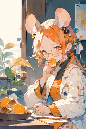 //quality, (masterpiece:1.331), (detailed), ((,best quality,)),//,(1girl),solo,(loli),//,(mouse_ears:1.3),mouse_tail,(orange_hair:1.3),hairstyle, ((short ponytail)),sidelocks, (light orange eyes), detailed eyes,flat_chest,//,hair_accessories,accessories,(round eyewear:1.2),scientist,white lab coat,//sleepy,//,sitting, (eating bread:1.3), holding bread,(coffee),//indoor, leaf, desk,aesthetic,watercolor \(medium\)