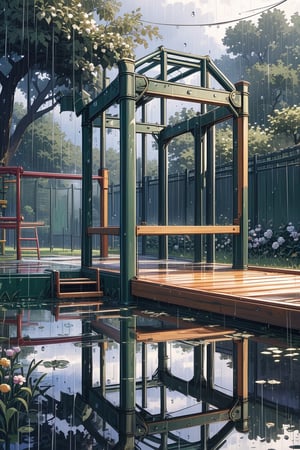 //quality, (masterpiece:1.4), (detailed), ((,best quality,)),//(heavy raining:1.3),cloudy,Play structures,climbing frames,slides,scenery,(flowers:1.4),fence,trees,leaf,plant,reflection,spring,