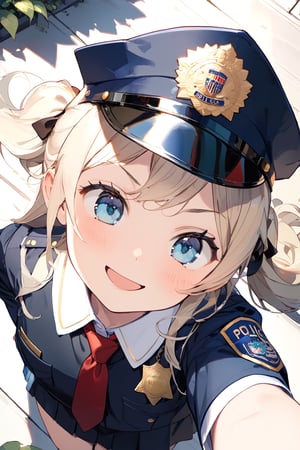 //quality, (masterpiece:1.3), (detailed), ((,best quality,)),//1girl,(loli:1.4),child,//,blonde_hair,sidelocks,(twin drills:1.4),detailed eyes, blue eyes,//,(Text "FBI" uniform :1.4),(police_uniform:1.4),police_cap,((FBI badges,)), red tie, (white_thighhgihs),//,(smirk:1.2),blush,:3, looking_above,//,(outstretched arm,arm_over_head),//,(from_above:1.4),close-up portrait, ground,Porch Front,plants,leaf,