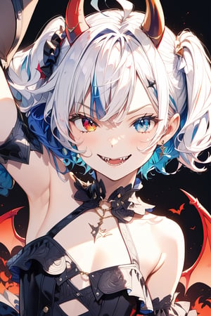 //quality, (masterpiece:1.4), (detailed), ((,best quality,)),//1girl,solo,loli,//,(short twintails:1.4),(white hair:1.2),(blue hair:1.1),(colored inner hair:1.3),ahoge,(demon horn:1.3),hair_accessories,beautiful detailed eyes,glowing eyes,(blue eyes:1.4),(red eyes:1.1),(heterochromia:1.4),armpits,//,fashion,blue croptop,(gloves:1.2),//,(,naughty_face:1.2),blush,(smirk:1.3),(,frowning,fangs:1.2),close-up,facing at viewer,//,//,black_background,close_up portrait 