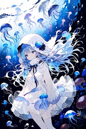 //quality, (masterpiece:1.331), (detailed), ((,best quality,)),//,illustration,//,1girl,jellyfish girl,//,(deepskyblue hair:1.331),(,long hair:1.21),hair_style,wavy_hair,sidelocks,(white jellyfish hood,:1.331),hood_up,see_through,long sleeves,medium breasts,pale skin,beautiful detailed eyes, blue eyes,eye_glow,//,expressionless,//,floating,floating in the sea,//,(underwater:1.331),kelp forest,jellyfish,white tentacles,//,dal,aesthetic,