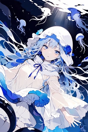 //quality, (masterpiece:1.331), (detailed), ((,best quality,)),//,illustration,//,1girl,jellyfish girl,//,(deepskyblue hair:1.331),(,long hair:1.21),hair_style,wavy_hair,sidelocks,(white jellyfish hood,:1.331),hood_up,see_through,long sleeves,large_breasts,pale skin,beautiful detailed eyes, blue eyes,eye_glow,//,expressionless,//,floating,floating in the sea,//,(underwater:1.331),kelp forest,jellyfish,white tentacles,//,dal,aesthetic,tentacles