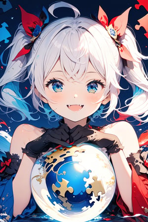 //quality, (masterpiece:1.4), (detailed),((,best quality,)),//,1girl,solo,loli,//,(short twintails:1.4),(white hair:1.2),(blue hair:1.1),(colored inner hair:1.3),ahoge,hair_accessories,(blue_eyes:1.4),beautiful detailed eyes,glowing eyes,navel, armpits,midriff,//,fashion,white crop top with logos,(black gloves:1.4),//,(, smiling,blush:1.1),happy_face,(cute_fang:1.3),looking_at_viewer,facing_viewer,//,(hands holding a growing orb:1.4),//(close_up portrait),Ink art,(,red ink and blue ink background,),(puzzle:1.4), (straight-on:1.4)