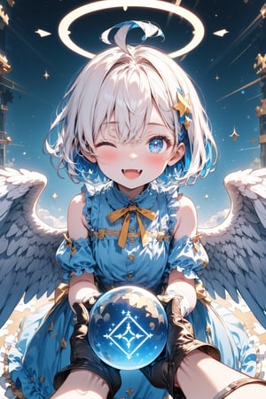 [Angel ଘ( ˊᵕˋ )ଓ TensorArt:0.00]//quality, (masterpiece:1.4), (detailed), ((,best quality,)),//,1girl,solo,loli, (angel:1.4),//,(short hair:1.4),(white hair:1.3),(blue hair:1.2),(colored inner hair:1.4),ahoge,(halo:1.4),hair_accessories,blue eye,(one_eye_closed:1.4),beautiful detailed eye,glowing eye,(angel_wings:1.4),//,lolita,(white topwear: 1.2),(blue_dress: 1.4),(gloves:1.3),//,blush,smile,cute_fangs,looking at viewer,facing_viewer,(straight-on:1.3),(cowboy_shot:1.2),//,flying,(,pov,pov_hand,holding glowing orb:1.4),//(,magic,magic circle,sparkling_background:1.4),(puzzle:1.3),