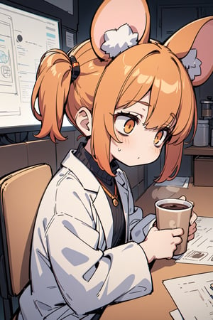 //quality, (masterpiece), (detailed), ((,best quality,)),//1girl,mouse_ears,scientist,((loli)), orange_hair,hairstyle, short twintails,sidelocks, light orange eyes, detailed eyes,eye_half_opened,((bags_under_eyes)), (round glasses),lab coat,hair_accessories,accessories,flat_chest, sitting,(sleepy),drinking_cup, drinking,coffee,laboratory, paper,cowboy_shot,viewed_from_side,from_side,/,aesthetic,cute,more detail XL,
