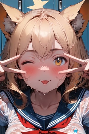 //quality, (masterpiece:1.4), (detailed), ((,best quality,)),//,(1girl),(solo:1.2),//,(yellow dog_ears :1.3), animal ear fluff,hairstyle,(yellow hair:1.3),long_hair,wavy_hair,bangs,(yellow_eye),(one_eye_closed:1.2),★, star_eye,(large_chests:1.4),//,hair_ornaments,ornaments,blue sailor collar,(red bow),blue school_uniform,(white shirt:1.2),(wet:1.4),wet_hair,(wet_clothes,wet_hair),//,blush(,:p,tongue,naughty_face,), > <, smiling,sweating,(looking_up:1.2),//,(spoken_star:1.4),(,kneeling,on floor:1.4),((,v,v over eye:1.4)),//,(indoor:1.2),(locker_room),(,straight-on,face focus,close_up portrait,from_above:1.3),