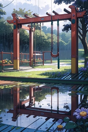 //quality, (masterpiece:1.4), (detailed), ((,best quality,)),//(heavy raining:1.3),cloudy,Play structures,climbing frames.Swings, slides,scenery,(flowers:1.4),fence,trees,leaf,plant,reflection,spring,