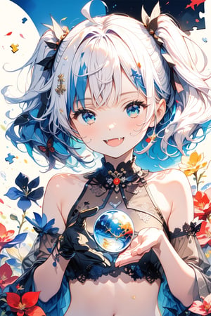 //quality, (masterpiece:1.4), (detailed),((,best quality,)),//,1girl,solo,loli,//,(short twintails:1.4),(white hair:1.2),(blue hair:1.1),(colored inner hair:1.3),ahoge,hair_accessories,(blue_eyes:1.4),beautiful detailed eyes,glowing eyes,navel, armpits,midriff,//,fashion,white crop top with logos,(black gloves:1.4),//,(, smiling,blush:1.1),happy_face,(cute_fang:1.3),looking_at_viewer,facing_viewer,//,(hands holding a blue growing orb:1.4),//(close_up portrait),Ink art,(,red ink and blue ink background,),(puzzle:1.4), (straight-on:1.4), colorful ink background, ink brushes in background, attractive aesthetics, modern art