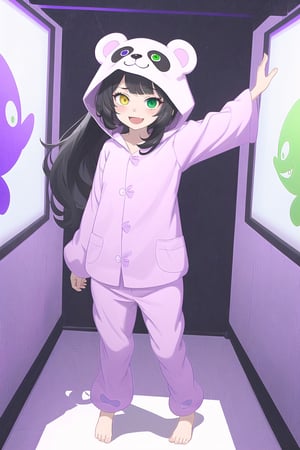 ( master piece, illustration, pijama challenge,Digital ) teen girl l with long black hair, heterochromia (purple and green eyes). Lila pijamas with a panda hood, in a dark CFI controller holographic room. masterpiece, happy and excited,evil face, open mouth, little cute fang , Futuristic room, standing pose, evil smile, full detailed, Nadir, professional shadows 