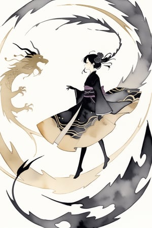A golden silhouette of a Chinese lady in ancient costume soars in the sky. The background is the vortex of the dragon's flight traces. simple and abstract outlines of the dragon and the lady, faceless_character, japanese art, chinese ink drawing, ink , style, Watercolour, oil paint, ,Gold Edged Black Rose,outline