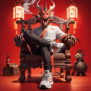 a pair of fashionable clothes pants and Nike AJ shoes anthropomorphic Chinese dragon, wearing sunglasses, wearing a pair of cool Nike AJ shoes, very handsome and cool expression, sitting on a Chinese style head chair, holding a lit cigar in his mouth and smoking, underworld brother, overlooking perspective, medium scene, background clean, pure red background, master works, Super detail, super quality,ct-drago,dragonborn