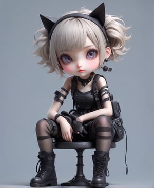 sticker design, Super realistic, full body, a cute girl with cat ears, short light blonde hair, the ends of her hair dyed lavender, black lipstick, black eyeliner, headphones hanging around her neck, flying goggles on her head, black goth punk Dressed in a short-sleeved hollow top, tight jeans, and a work fanny pack, sitting on a small stool with her elbows on knees and her chin on palms, showing a thinking expression and her mouth slightly poutted. Simple light gray background.