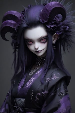 (masterful),(smile),(eyes Squinting:1.2),toothy smile,(radiant smile:1.5),
albino demon little queen, (long intricate horns), a sister clad in gothic punk attire,fusion of traditional Japanese aesthetics and Gothic fashion, where elegant kimono silhouettes intertwine with the dark allure of Gothic elements. Picture elaborate, lace-trimmed kimonos in deep, rich colors adorned with ornate obis and corseted bodices,Accessories like parasols with lace and ribbons add a Victorian touch. Intricate hairpieces blend traditional tsumami kanzashi with gothic motifs, The color palette leans towards deep purples, blacks, and blood-reds, creating a striking contrast against the delicate fabrics,DonM1i1McQu1r3XL,nocturne,ct-niji2,dal, PERFECT FACE 