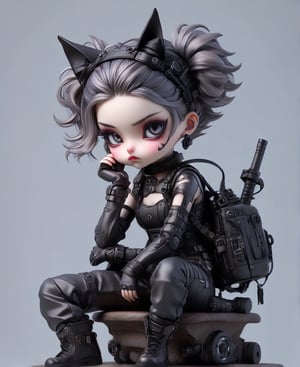sticker design, Super realistic, full body, a young girl with cat ears, short light blonde hair, the tips of hair dyed lavender, black lips, black eyeliner, headphones hanging around her neck, flying goggles on her head, black goth punk Dressed in a short-sleeved hollow top, tight jeans, and a work fanny pack, sitting on a small stool with her elbows on knees and her chin on palms, showing a thinking expression and her mouth slightly poutted. Simple light gray background.
very beautiful cyberpunk samurai, black lips, eyeliner, goth makeup, realistic anime art style, fantasy artwork, portrait of a steampunk catgirl, multicolor hair,goth person,ct-niji3,cyb-3d-art,Cyber Warrior