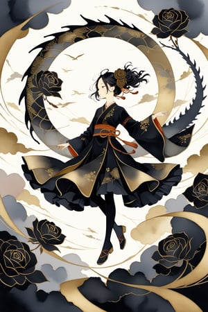 A golden silhouette of a Chinese lady in ancient costume soars in the sky. The background is the vortex of the dragon's flight traces. simple and abstract outlines of the dragon and the lady, faceless_character, japanese art, chinese ink drawing, ink , style, Watercolour, oil paint, ,Gold Edged Black Rose