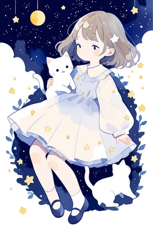 1girl, minimalist style, simple lines, light and elegant watercolor blooming, starry sky background, beautiful and elegant girl, with a little cat next to her, romantic, playful, cute and childlike.,lineart,Flat Design,Flat vector art,cute comic