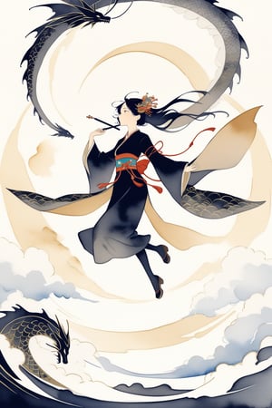 A golden silhouette of a Chinese lady in ancient costume soars in the sky. The background is the vortex of the dragon's flight traces. simple and abstract outlines of the dragon and the lady, faceless_character, japanese art, chinese ink drawing, ink , style, Watercolour, oil paint, Alphonse Mucha art style,