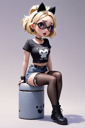 sticker design, Super realistic, full body, chibi, a cute girl with cat ears, short light blonde hair, the ends of her hair dyed lavender, black lipstick, black eyeliner, headphones hanging around her neck, flying goggles on her head, black goth punk Dressed in a short-sleeved hollow top, tight jeans, and a work fanny pack, sitting on a small stool with her elbows on knees and her chin on palms, showing a thinking expression and her mouth slightly poutted. Simple light gray background. sweet cartoon style

,disney pixar style